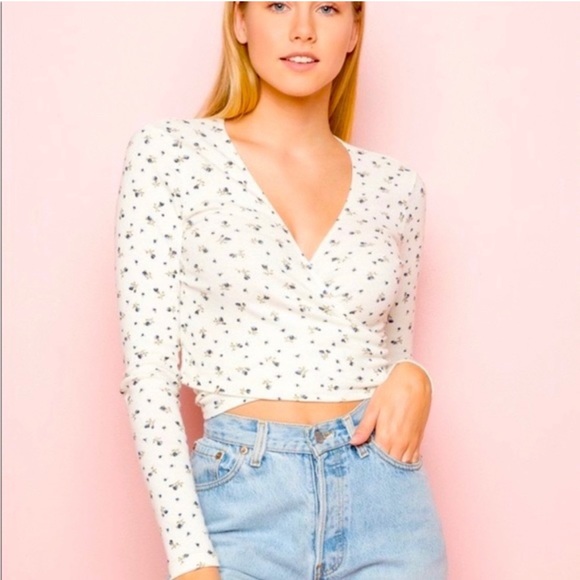 Brandy Melville Navy Blue Floral Long Sleeve Tie Front Coco Wrap Top One Size - Picture 5 of 6